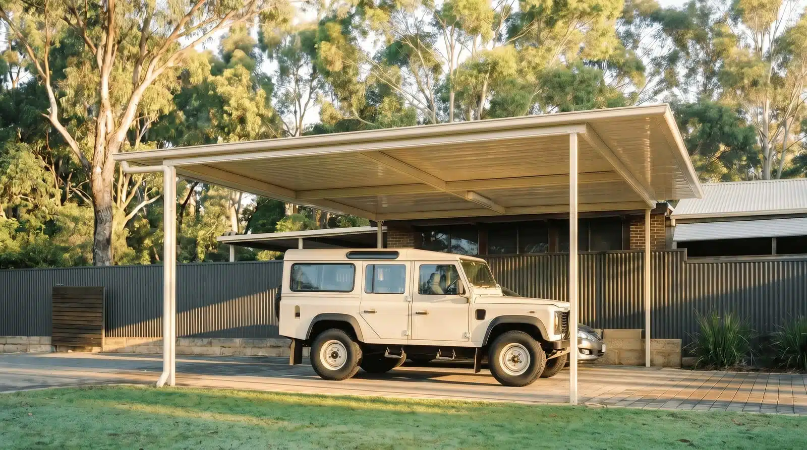 Flat-roof steel carport over a 4WD, surrounded by gum trees in a Perth backyard