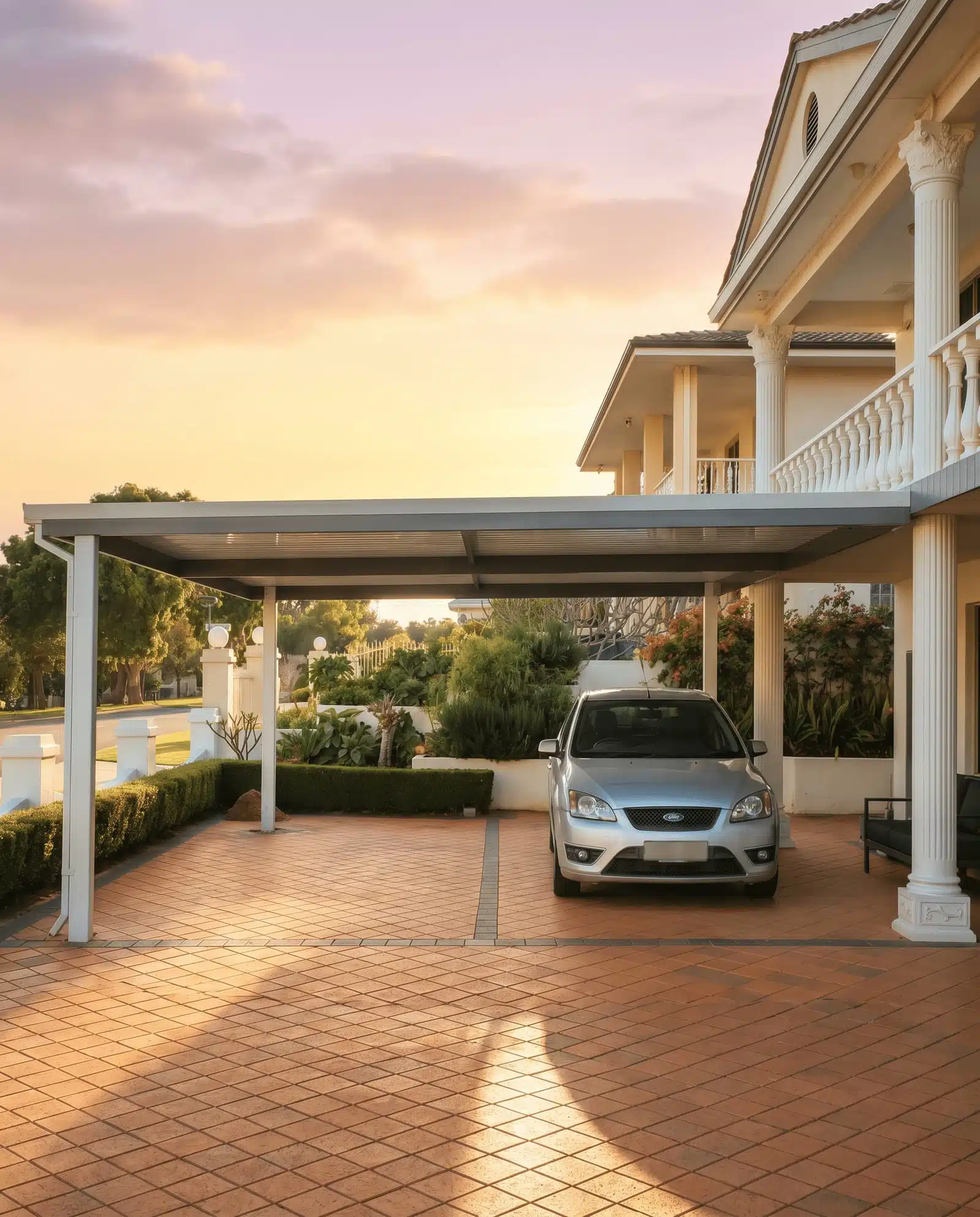 Flat-roof carport attached to a two-storey Perth home, covering a car at sunset