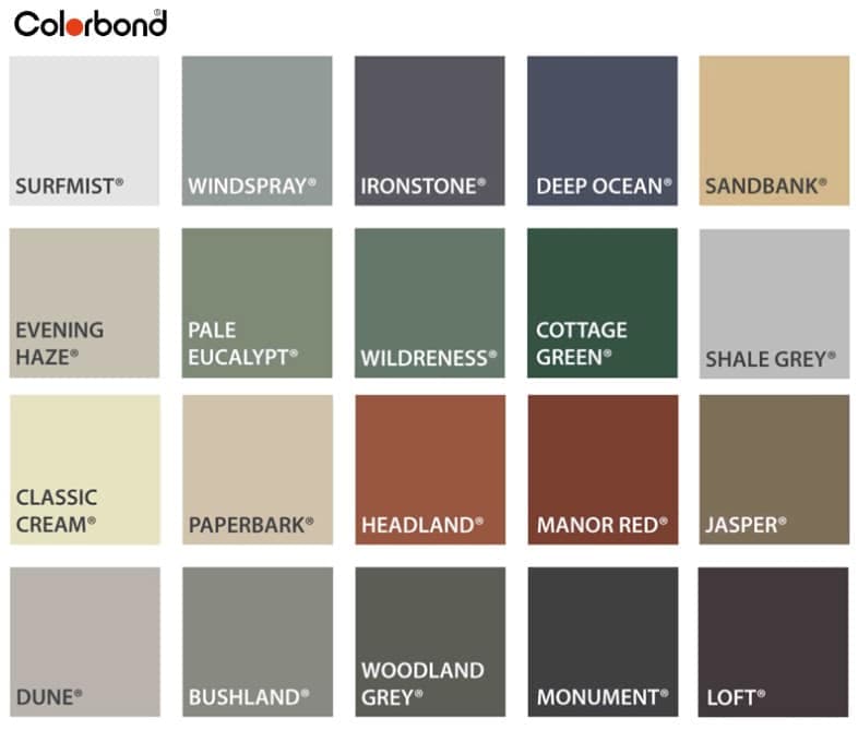 Colorbond colour chart — 22 colours