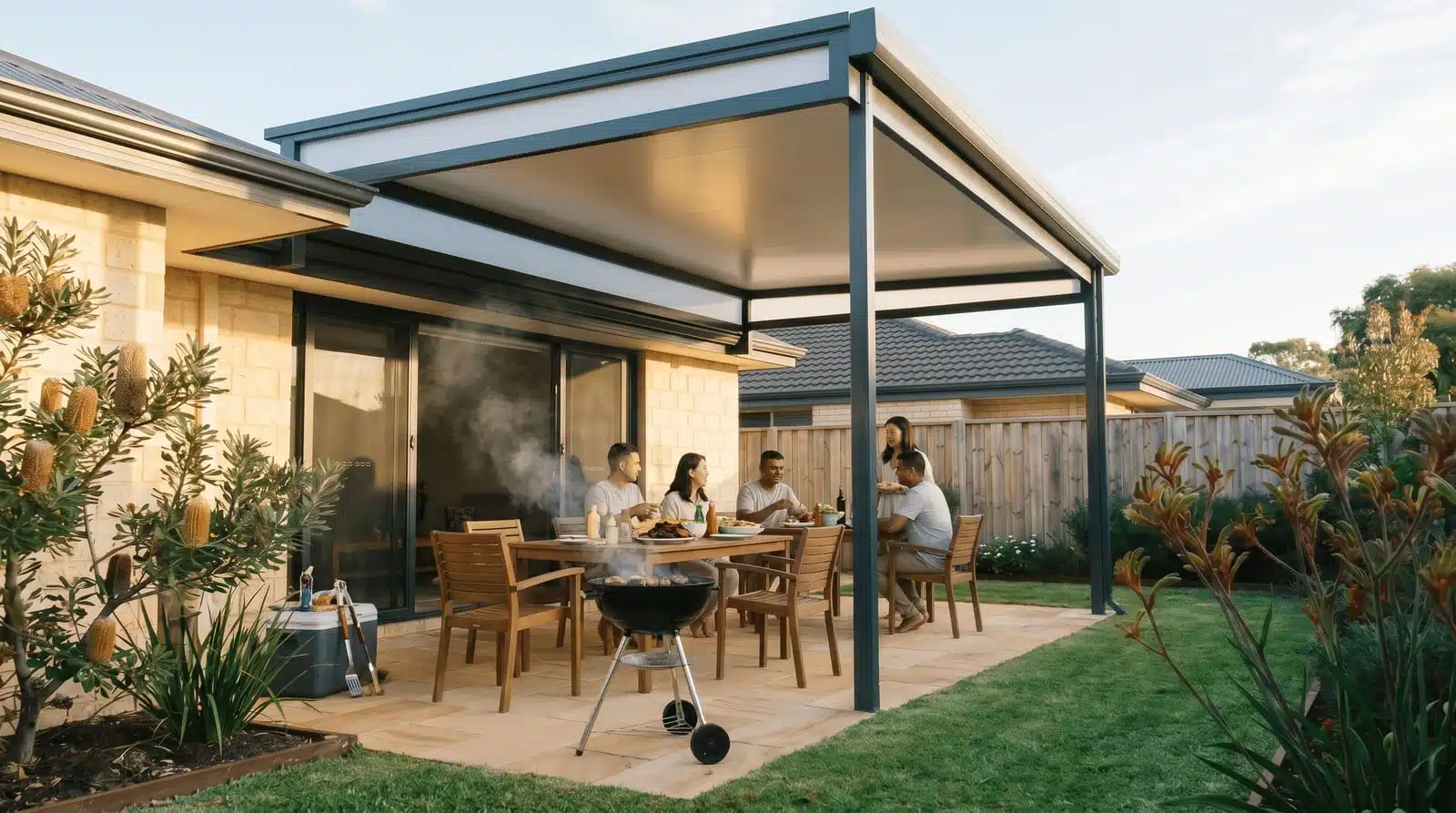Raised flat patio Perth hosting a dinner party with BBQ