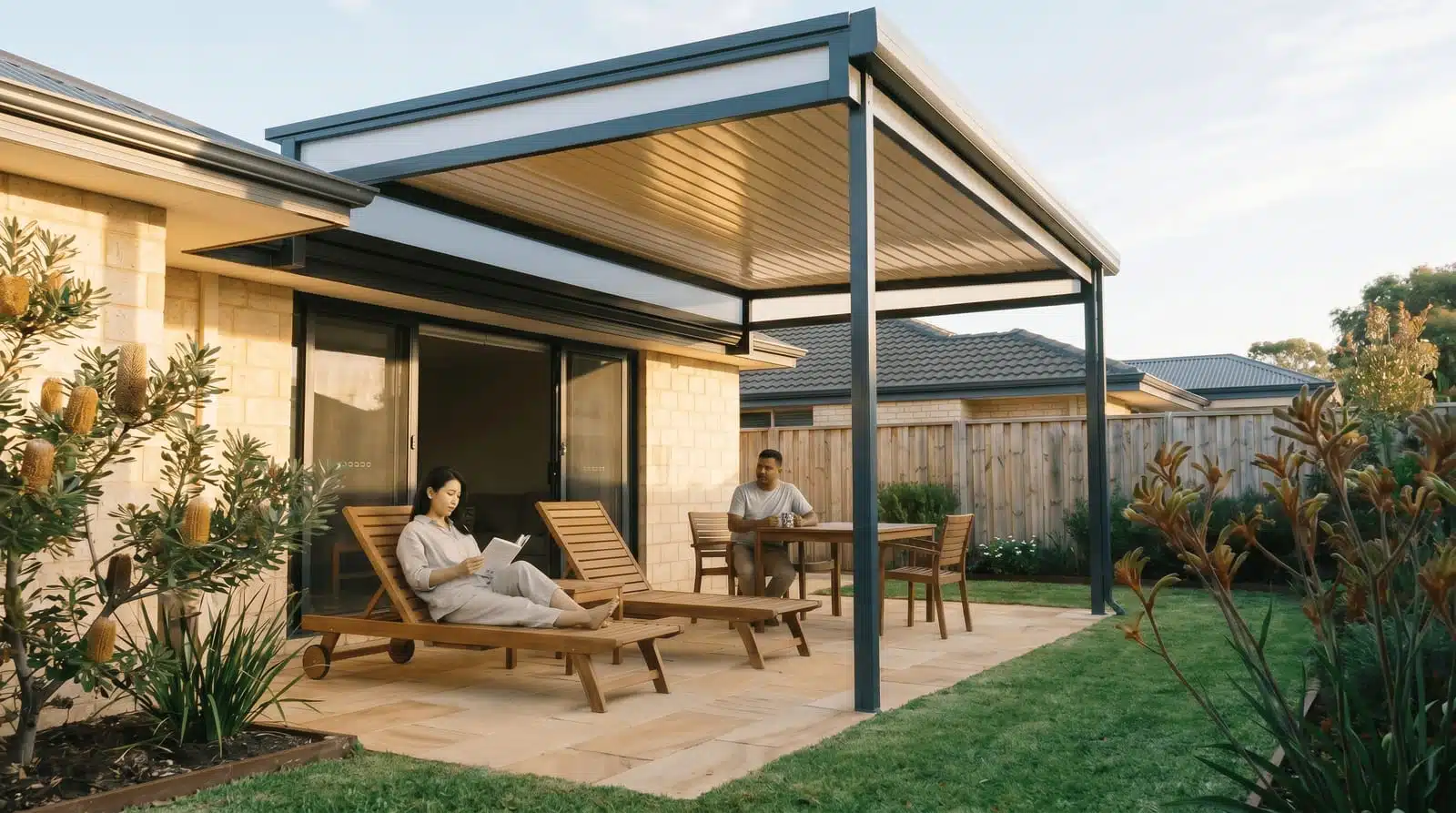 Raised flat patio Perth with people relaxing on loungers